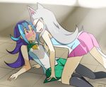  animal_ears blue_hair blush cat_ears cathy_(yuu-gi-ou_zexal) glasses gray_hair grey_hair kamishiro_rio multicolored_hair purple_hair red_eyes school_uniform skirt yu-gi-oh! yuri yuu-gi-ou_zexal 