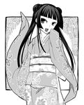  collarbone fushikawa_kokoro greyscale japanese_clothes kimono long_hair long_sleeves maji_de_watashi_ni_koi_shinasai! monochrome obi open_mouth sash solo twintails uemukai_dai wide_sleeves 
