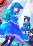  autumn_leaves backpack bag black_hair black_legwear blue_eyes blue_hair boots dark_haired_kappa hair_bobbles hair_ornament hat kappa_mob kawashiro_nitori key multiple_girls pantyhose short_hair shovel skirt skirt_set touhou two_side_up wrench yaten 