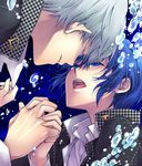  1girl blue_eyes blue_hair bubble couple crossdressing hetero holding_hands interlocked_fingers iwatsuki narukami_yuu persona persona_4 reverse_trap school_uniform shirogane_naoto short_hair tears 