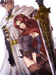  1girl arisen_(dragon's_dogma) armor bad_id bad_pixiv_id belt boots breasts cape circlet dagger dragon's_dogma gauntlets gloves green_eyes height_difference huge_weapon impossible_armor inuhiko_(istdog) laurel_crown leotard lips long_hair medium_breasts multiple_belts nose pawn_(dragon's_dogma) red_hair sword thigh_boots thighhighs weapon 