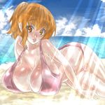  1girl beach bikini blush breasts brown_eyes brown_hair dodai_shouji female highres huge_breasts ocean orange_eyes orange_hair ponytail sea short_hair solo swimsuit wet 