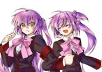  arm_hug bad_id bad_pixiv_id bow brown_eyes closed_eyes futaki_kanata hair_bobbles hair_ornament little_busters! long_hair multiple_girls pink_bow purple_hair saigusa_haruka school_uniform yuihira_asu 