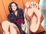  barefoot black_hair blush brown_eyes dress feet japanese_clothes kimono leg_up legs long_hair maku_(l-u) makura_no_doushi pov_feet sitting soles sweat toes 