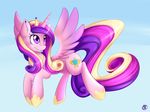  2014 absurd_res crown cutie_mark equine female feral flying friendship_is_magic hair hi_res horn horse long_hair looking_away mammal multi-colored_hair my_little_pony outside pony princess_cadance_(mlp) purple_eyes sky smile solo spittfire spittfireart winged_unicorn wings 