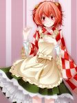  apron bad_id bad_pixiv_id bell blush checkered clothes_writing dress hair_bell hair_ornament highres looking_at_viewer motoori_kosuzu red_eyes red_hair s-syogo short_hair smile solo touhou 