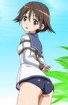  1girl ass bdsm blush bondage bound breasts brown_eyes brown_hair dress highres looking_at_viewer looking_back military military_uniform miyafuji_yoshika open_mouth palm_tree sailor_dress shaneko short_hair sky small_breasts solo strike_witches swimsuit tied_up tree uniform world_witches_series 