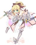  ahoge armor armored_dress artoria_pendragon_(all) bad_id bad_pixiv_id bare_shoulders blonde_hair bow caliburn detached_sleeves dress fate/stay_night fate/unlimited_codes fate_(series) gauntlets green_eyes hair_bow ponytail rikovui saber saber_lily sheath solo sword weapon 