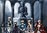  4girls aestus_estus ahoge aiovia armor armored_dress arthur_pendragon_(fate) artoria_pendragon_(all) blonde_hair breasts column dark_excalibur dress epaulettes excalibur excalibur_(fate/prototype) fate/extra fate/prototype fate/stay_night fate/unlimited_codes fate_(series) green_eyes hair_ribbon highres medium_breasts multiple_girls multiple_persona nero_claudius_(fate) nero_claudius_(fate)_(all) odd_one_out pillar ribbon saber saber_alter saber_class_(fate/stay_night) saber_lily statue sword weapon 