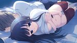  1girl aete_mushisuru_kimi_to_no_mirai back-to-back barefoot bed_sheet black_hair blue_eyes blush breasts clothed_masturbation fingering game_cg grabbing gym_shorts gym_uniform kazami_haruki long_hair lying masturbation medium_breasts misaki_souka navel nipples on_side panties pants panty_pull self_fondle shirt_lift shorts shorts_pull stealth_masturbation track_pants underwear white_panties 