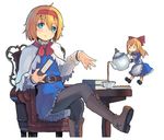  ahoge alice_margatroid bad_id bad_pixiv_id black_legwear blonde_hair blue_eyes blush book boots chair cross-laced_footwear cup hairband lace-up_boots leg_up looking_at_viewer pantyhose shanghai_doll shindou_kamichi short_hair simple_background sitting table tea teacup teapot touhou 