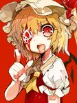  ascot blonde_hair blood flandre_scarlet hat long_hair open_mouth red_background red_eyes side_ponytail solo tera tongue touhou upper_body wings 