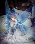  ancient_fairy artist_name bare_shoulders barefoot book butterfly_wings closed_eyes dress fairy jane_mere jewelry light_particles long_hair minigirl necklace pointy_ears silver_hair sitting solo tenkuu_no_crystalia very_long_hair watermark wings 