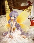  ancient_fairy artist_name bare_shoulders barefoot blue_eyes book butterfly_wings dress fairy jane_mere jewelry light_particles long_hair minigirl necklace pointy_ears silver_hair sitting solo tenkuu_no_crystalia very_long_hair watermark wings 