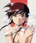  90s breast_press breasts brown_hair cleavage covering covering_breasts eyelashes headband large_breasts looking_at_viewer nude official_art plastic_little red_eyes ribbon solo tita_mu_koshigaya upper_body urushihara_satoshi 