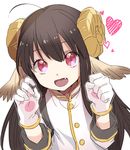  :d ahoge bad_id bad_pixiv_id black_hair clenched_hand fang gloves head_wings heart horns long_hair open_mouth pink_eyes pinko sheep_horns smile solo tartaros_online tuuuh white_gloves 
