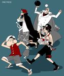  4boys brother brothers copyright_name eating family food grandfather hat igarashi_(wp13) male male_focus meat monkey_d_garp monkey_d_luffy multiple_boys one_piece pixiv_thumbnail portgas_d_ace resized running scar shanks shueisha siblings straw_hat tattoo title_drop vest 