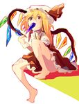  ajiko_ajio bad_id bad_pixiv_id barefoot blonde_hair flandre_scarlet hat long_hair mouth_hold red_eyes side_ponytail sitting sketch solo touhou wings wrist_cuffs 