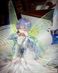 ancient_fairy artist_name bare_shoulders barefoot blue_eyes book butterfly_wings dress fairy green_wings jane_mere jewelry light_particles long_hair minigirl necklace one_eye_closed pointy_ears silver_hair sitting solo tenkuu_no_crystalia very_long_hair watermark wings 