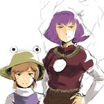  brown_hair gundam haman_karn hands_on_hips hat looking_at_viewer mineva_lao_zabi moriya_suwako multiple_girls parody purple_hair short_hair simple_background smile touhou white_background yasaka_kanako yudepii zeta_gundam 