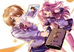  bag briefcase brown_hair fang hair_ornament hairclip komatsu_eiji long_hair long_sleeves maburaho miyama_yuuna multiple_girls official_art one_eye_closed open_mouth photo_(object) pink_eyes pink_hair pointing shikimori_kazuki short_hair simple_background skirt sweatdrop thighhighs white_background yamase_chihaya 