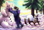  bagada bear brown_hair diaper feline hair infantilism lynx mittens plushie purple sled snow snowman snowsuit tree winter 