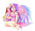  anklet bare_legs bare_shoulders barefoot bird bracelet dress feathered_wings full_body heart horn jewelry long_hair md5_mismatch multicolored_hair my_little_pony my_little_pony_friendship_is_magic personification philomena_(my_little_pony) phoenix pink_dress princess_mi_amore_cadenza purple_eyes rurutia8 shadow sitting tattoo tiara white_background wings 