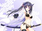  47agdragon bare_shoulders bikini blush breasts cleavage colorized demon_girl demon_tail fingerless_gloves front-tie_top fujimiya_takashi_(asagiri_ren) gloves horns katana looking_at_viewer medium_breasts navel outstretched_hand pixiv_fantasia pixiv_fantasia_sword_regalia pointy_ears purple_eyes side-tie_bikini smile solo swimsuit sword tail thighhighs twintails weapon 