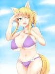  absurdres animal_ears areola_slip areolae bad_id bad_pixiv_id bare_shoulders bikini blonde_hair breasts cleavage cloud curvy day dog_days fox_ears fox_tail green_eyes highres huge_breasts long_hair mikage_kirino navel one_eye_closed open_mouth purple_bikini sky solo swimsuit tail underboob wide_hips yukikaze_panettone 