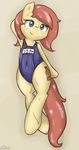  blush camel_toe cutie_mark equine female friendship_is_magic hair horse looking_at_viewer mammal my_little_pony one-piece_swimsuit original_character plain_background pony red_hair sirachanotsauce sirachi solo swimsuit tumblr wet 
