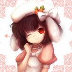  :3 alternate_costume amanojaku animal_ears bad_id bad_pixiv_id brown_hair bunny_ears carrot closed_mouth face fig_sign hat heart highres inaba_tewi one_eye_closed red_eyes ribbon short_hair smile solo touhou 