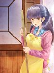  apron bad_id bad_pixiv_id bamboo_broom black_hair blush broom highres holding long_hair maison_ikkoku otonashi_kyouko peppe piyo_piyo_apron smile solo yellow_eyes 