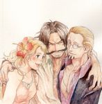  1girl 2boys blonde_hair chikama chikama_(minka) couple facial_hair flower freckles glasses gol_d_roger hug multiple_boys mustache one_piece pirate portgas_d_rouge silvers_rayleigh smile traditional_media watercolor watercolor_(medium) 