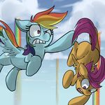  cloud cub cutie_mark drop equine female feral friendship_is_magic hair horse mammal multi-colored_hair my_little_pony outside pegasus pony purple_eyes purple_hair rainbow rainbow_dash_(mlp) rainbow_hair scootaloo_(mlp) sky sweat uc77 wings young 