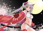  47agdragon bare_shoulders bikini blood blush breasts cleavage colorized demon_girl demon_tail fingerless_gloves front-tie_top full_moon gloves highres horns katana looking_at_viewer medium_breasts moon navel outstretched_hand papuniko pixiv_fantasia pixiv_fantasia_sword_regalia pointy_ears side-tie_bikini smile solo swimsuit sword tail thighhighs twintails weapon 
