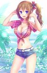  :d belt bikini bikini_top blue_eyes blush breasts brown_hair cleavage collarbone crop_top denim denim_shorts front-tie_top hair_bobbles hair_ornament highres large_breasts long_hair looking_at_viewer midriff navel open_mouth original plaid shirt short_shorts shorts smile solo suikakitsu_shiro swimsuit tied_shirt xia_you_qing 