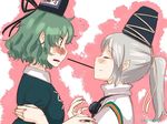  2girls blush closed_eyes curly_hair food green_hair grey_hair hat heart long_hair mononobe_no_futo multiple_girls pocky ponytail short_hair sideways_mouth smile soga_no_tojiko takuzui tate_eboshi touhou yuri 