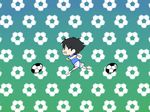  1boy ball black_hair brown_eyes captain_tsubasa gradient gradient_background hokorobi-11 male male_focus ouzora_tsubasa running smile smooooch soccer_ball soccer_uniform solo sportswear 