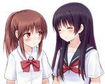  achiga_school_uniform black_hair blush bow brown_hair closed_eyes commentary_request long_hair multiple_girls red_eyes saki saki_achiga-hen school_uniform senriyama_school_uniform serafuku shimizudani_ryuuka short_hair smile suzushiro_yukari takakamo_shizuno 