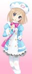  :p blonde_hair blue_eyes blush bow choujigen_game_neptune_mk2 hat highres neptune_(series) ohjin pantyhose pom_pom_(clothes) ribbon rom_(choujigen_game_neptune) short_hair simple_background smile solo tongue tongue_out white_legwear 