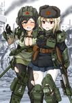  alcohol bad_id bad_pixiv_id black_legwear blonde_hair braid breasts brown_hair cleavage commentary copyright_request cyrillic dakku_(ogitsune) drinking drunk fur_hat green_eyes gun hammer_and_sickle hat holster kv-1_(personification) large_breasts mecha_musume military multiple_girls pantyhose personification pointy_ears red_eyes rifle russian short_hair skirt soviet sweater t-34_(personification) torn_clothes torn_legwear ushanka vodka weapon white_legwear world_war_ii 
