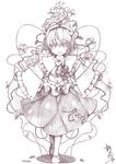  eyelashes flower frilled_sleeves frills full_body graphite_(medium) hairband heart highres jitome kantarou_(nurumayutei) komeiji_satori looking_at_viewer monochrome open_mouth outstretched_arms rose short_hair skirt slippers smile solo spread_arms standing third_eye thorns touhou traditional_media wire 