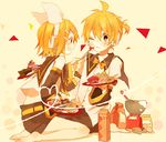  1girl bad_id bad_pixiv_id barefoot blonde_hair bow brother_and_sister brown_eyes cake checkerboard_cookie cookie detached_sleeves doughnut egg feeding food fork grin hair_bow hair_ornament hairclip headphones heart heart_of_string icing kagamine_len kagamine_rin kitchen_scale milk_carton mixing_bowl pastry plate sailor_collar sannmiryou short_hair shorts siblings sitting smile twins vocaloid wariza weighing_scale whisk 