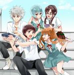  3girls ayanami_rei blue_eyes blue_hair brown_hair canister chopsticks expressionless glasses grey_hair ikari_shinji kurabayashi long_hair makinami_mari_illustrious multiple_boys multiple_girls nagisa_kaworu neon_genesis_evangelion obentou open_mouth orange_hair rebuild_of_evangelion red_eyes school_uniform shikinami_asuka_langley short_hair sitting sitting_on_stairs smile souryuu_asuka_langley stairs twintails 