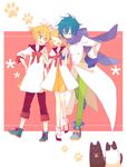  1girl 2boys 2cats androgynous blonde_hair blue_eyes blue_hair bow dress hair_ornament hairclip kagamine_len kagamine_rin kaito multiple_boys multiple_cats vocaloid yoshiki 