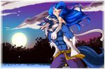  1girl abs animal_ears big_hair blue_eyes blue_hair blue_skin blush carrying cat_ears cat_tail claws cloud couple felicia floating_hair full_moon fur gallon gradient gradient_background hetero lapres long_hair looking_at_viewer looking_back lowres moon muscle night night_sky outdoors pants paws piggyback profile sash shirtless sky smile standing tail tree vampire_(game) walking werewolf wind 