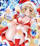  alternate_costume at_classics bare_shoulders blonde_hair blush breasts brown_eyes christmas fox_tail front-tie_top gift hat large_breasts multiple_tails panties sack sample santa_costume santa_hat short_hair side-tie_panties snowflakes solo tail touhou traditional_media underwear yakumo_ran 