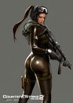  artist_request ass black_hair bodysuit counter-strike goggles gun highres looking_back military ponytail realistic skin_tight sub-machine_gun weapon wet 