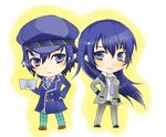  alternate_hair_length alternate_hairstyle bad_id bad_pixiv_id blue_eyes blue_hair cabbie_hat formal hat jacket long_hair multiple_girls necktie older pants persona persona_4 persona_x_detective reverse_trap shirogane_naoto short_hair suit very_long_hair 