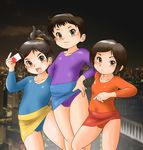  3girls 80s black_hair breasts brown_eyes brown_hair cat&#039;s_eye cat's_eye cityscape kisugi_ai kisugi_hitomi kisugi_rui leotard multiple_girls night oldschool open_mouth ponytail sash short_hair siblings sisters skin_tight small_breasts smile sonnano_ari young younger 